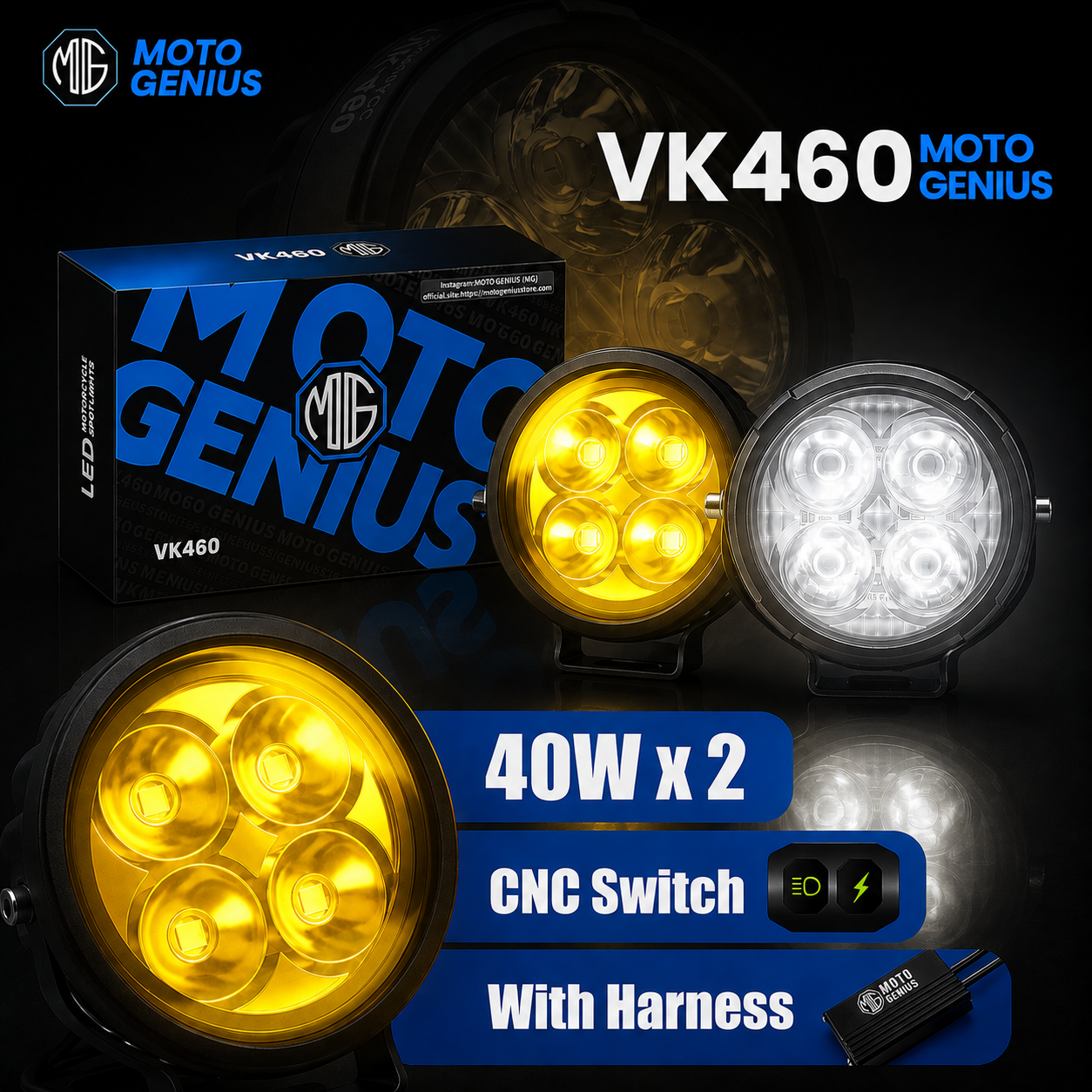 VK460 40W x 2 Motorcycle Fog Light Auxiliary LED Light Set | High Brightness CNC Switch & Wiring Harness | Universal Fit Waterproof Bike Driving Lights (Pack of 2)