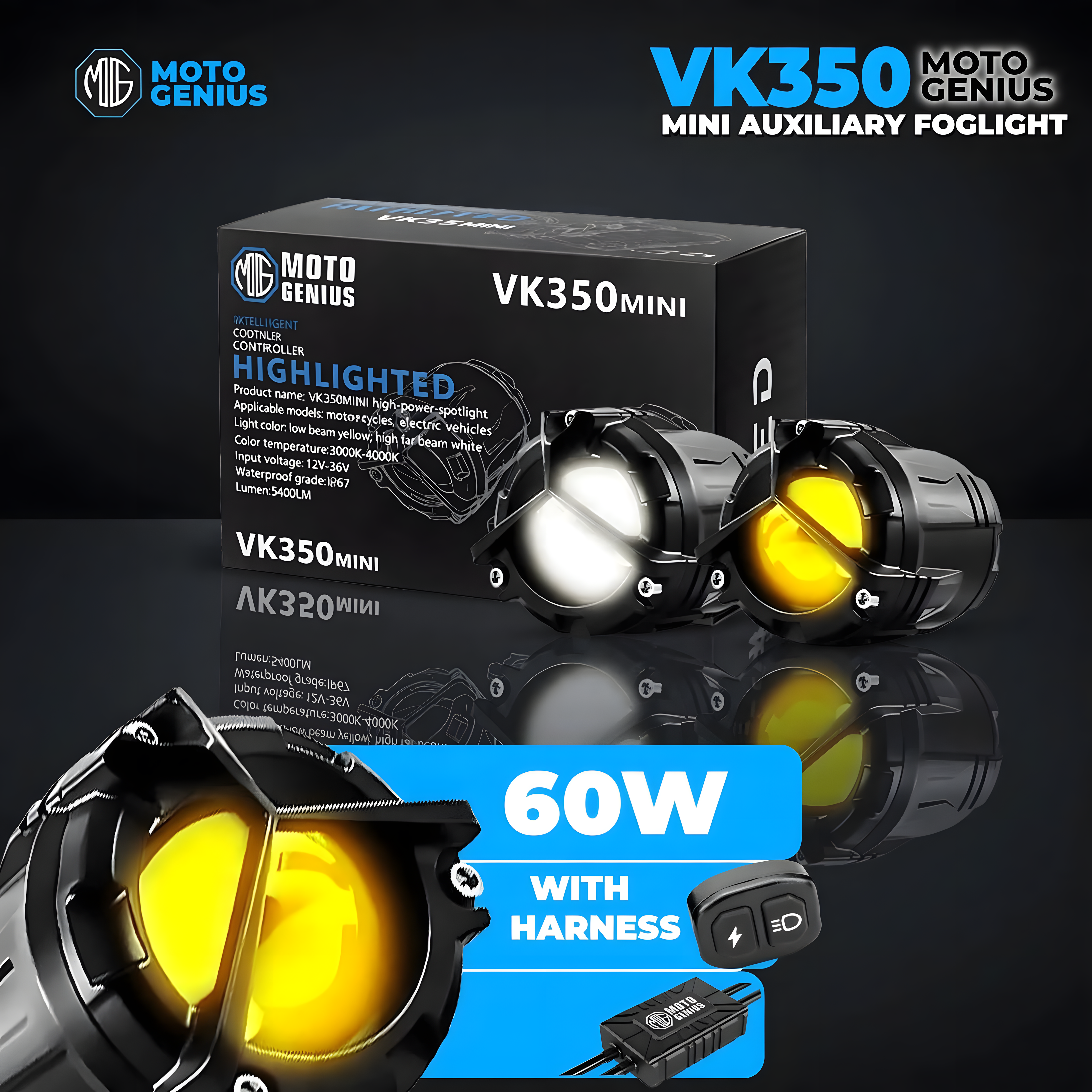 VK350 Mini ( WITH HARNESS ) Dual Color LED Fog Light Kit with Y-Type Harness | Korean Chip 2-in-1 Spot & Flood Beam | Yellow & White Auxiliary Lights for Bike & Car (Pack of 2) (MGF3)