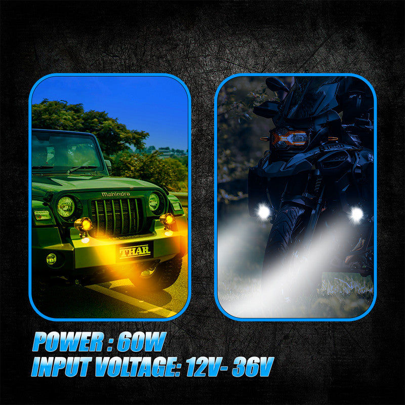 VK350 Mini Dual Color LED Fog Light Kit with Y-Type Harness | Korean Chip 2-in-1 Spot & Flood Beam | Yellow & White Auxiliary Lights for Bike & Car (Pack of 2)