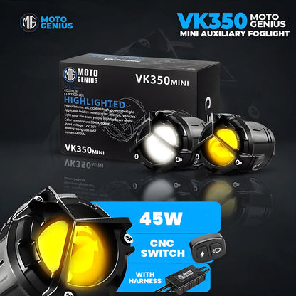 VK350 Mini ( WITH HARNESS ) Dual Color LED Fog Light Kit with Y-Type Harness | Korean Chip 2-in-1 Spot & Flood Beam | Yellow & White Auxiliary Lights for Bike & Car (Pack of 2) (MGF3)