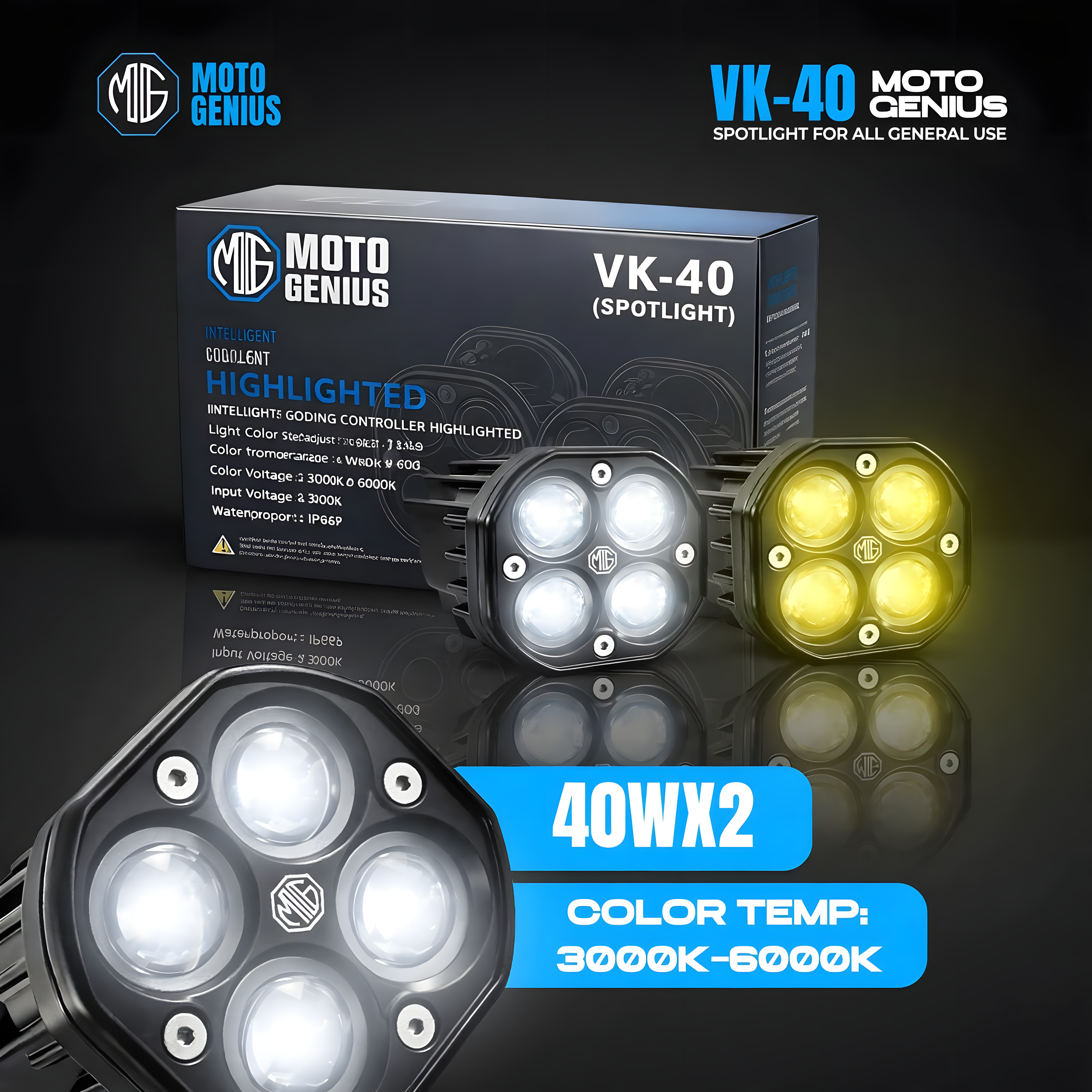 VK 40 4 LED 80W Fog Light ( WITHOUT HARNESS ) | Dual Color Yellow & White High Power Fog Lights for Car, Bike, Truck & Van | Universal Off-Road Auxiliary Light Kit (Pack of 2) (MGF2)