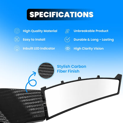 Adjustable Universal Motorcycle Rearview Mirrors with LED Turn Signals, Rotating Wind Wing Side Mirrors, Carbon Fiber Finish, Modified Rear View Mirrors for Most Motorcycles & Bikes - Moto Genius