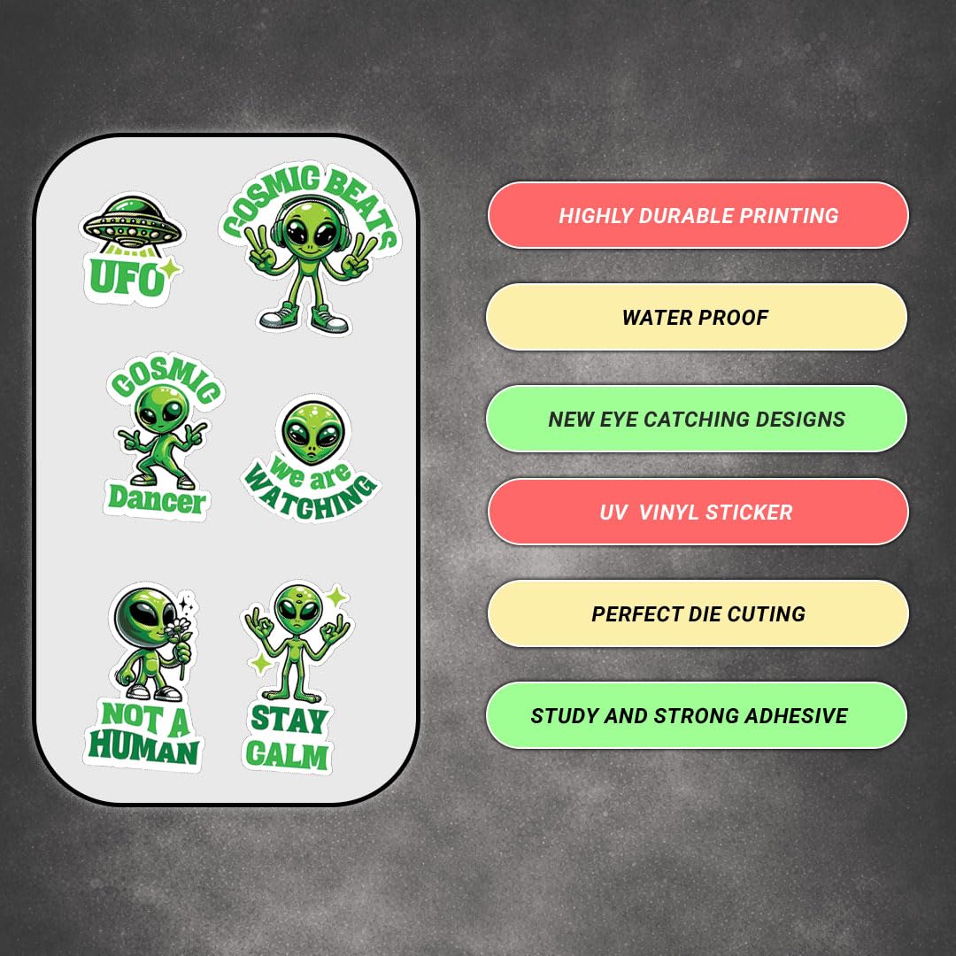 Alien Cartoon 3D Waterproof Vinyl Stickers Pack for Kids – Self Adhesive Cute Cartoon & Space Decal for Laptop, Mobile Phone, Helmet, Bike, Car, Notebook & Water Bottle - Moto Genius