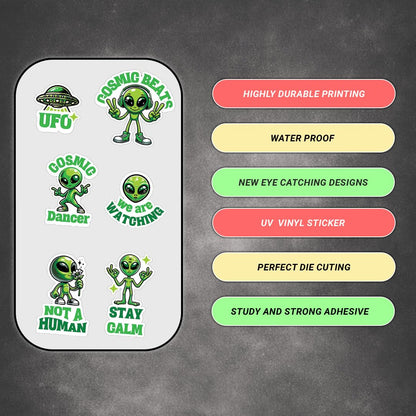 Alien Cartoon 3D Waterproof Vinyl Stickers Pack for Kids – Self Adhesive Cute Cartoon & Space Decal for Laptop, Mobile Phone, Helmet, Bike, Car, Notebook & Water Bottle - Moto Genius