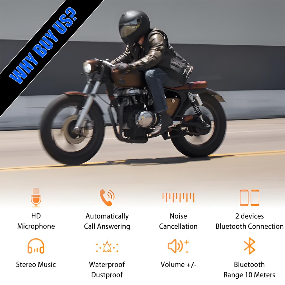 BT12B Motorcycle Helmet Bluetooth Headset, Wireless Dual On-Ear Speakers with Mic, Hands-Free Calling & Music, Noise Reduction, Fast Charging, Universal Fit for All Helmets - Moto Genius