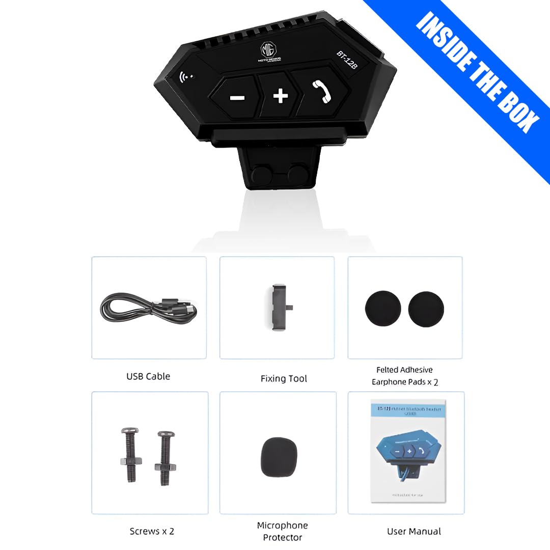 BT12B Motorcycle Helmet Bluetooth Headset, Wireless Dual On-Ear Speakers with Mic, Hands-Free Calling & Music, Noise Reduction, Fast Charging, Universal Fit for All Helmets - Moto Genius