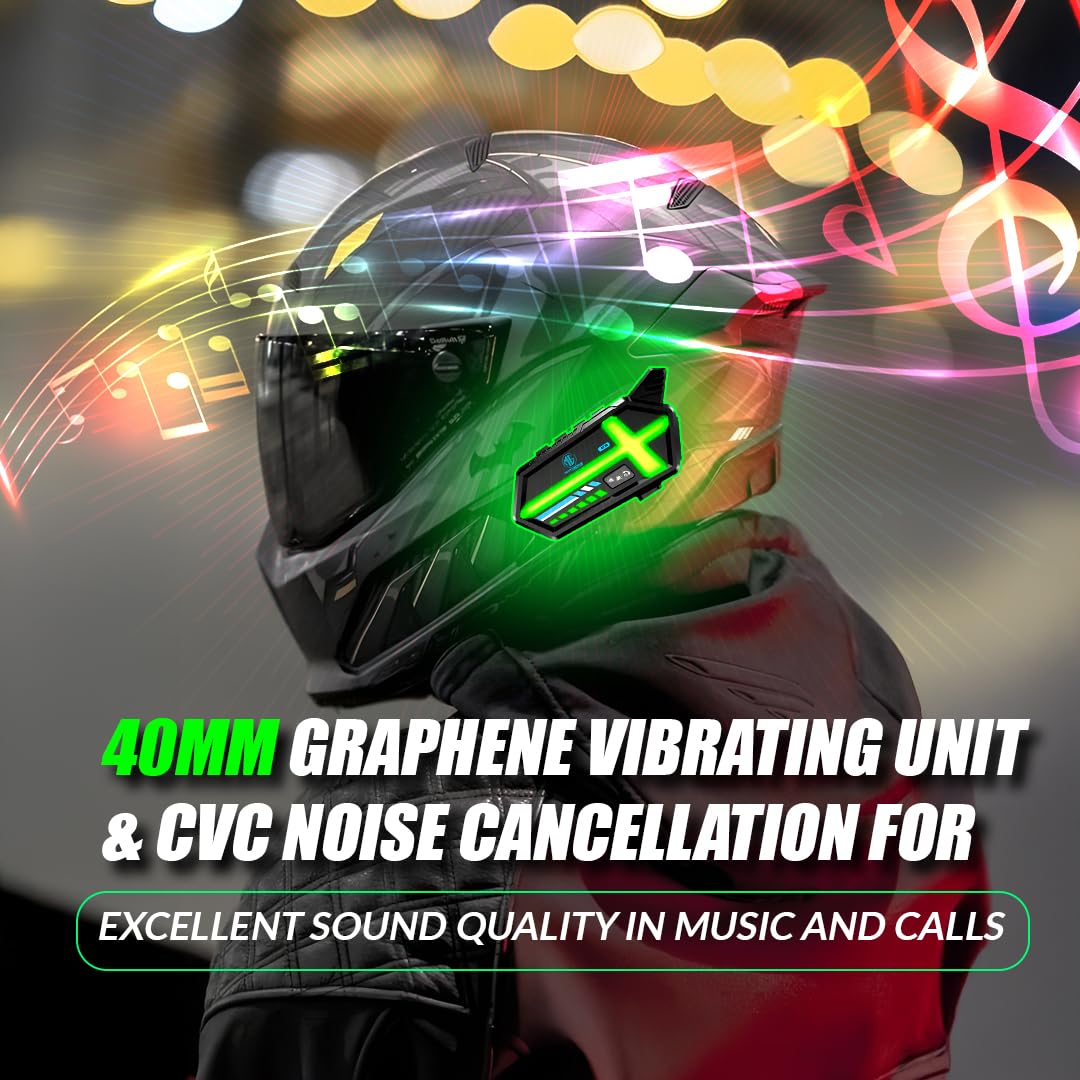 BT26 Motorcycle Helmet Bluetooth Headset,Dual Phone Connection, Noise Cancelling Mic, 4-Color LED Light (5 Modes), IP64 Waterproof, Long Battery, Universal Fit - Moto Genius