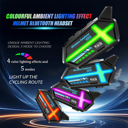 BT26 Motorcycle Helmet Bluetooth Headset,Dual Phone Connection, Noise Cancelling Mic, 4-Color LED Light (5 Modes), IP64 Waterproof, Long Battery, Universal Fit - Moto Genius