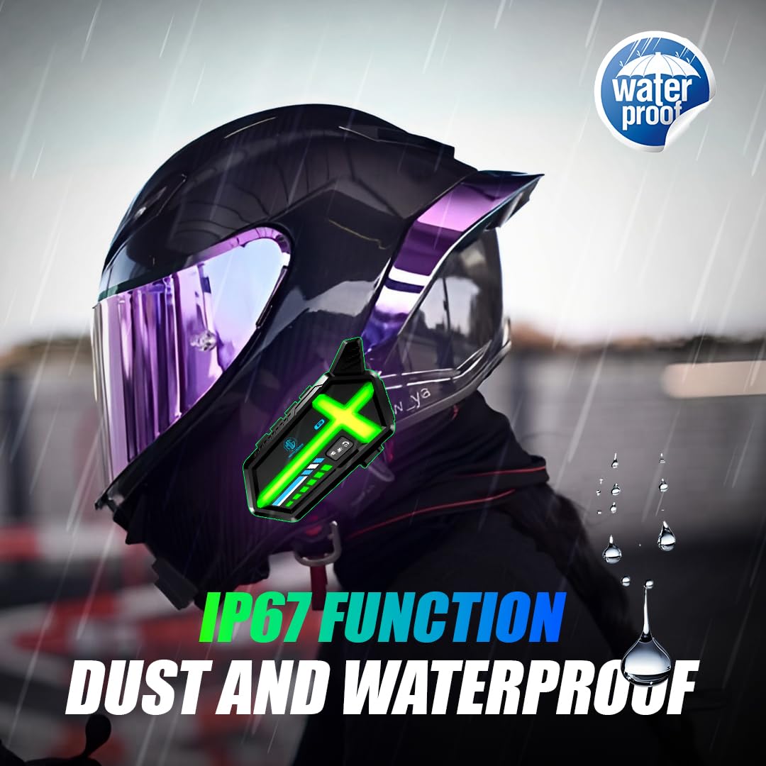 BT26 Motorcycle Helmet Bluetooth Headset,Dual Phone Connection, Noise Cancelling Mic, 4-Color LED Light (5 Modes), IP64 Waterproof, Long Battery, Universal Fit - Moto Genius
