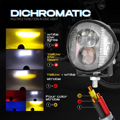 Mini Motorcycle LED Fog Light 30W Dual Flash, Multi-Color Yellow/White/Red/Blue Spotlight, Red & Blue Warning Strobe, Compact Auxiliary Driving Light (MGF1)