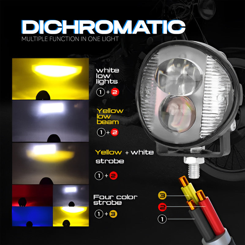 Mini Motorcycle LED Fog Light 30W Dual Flash, Multi-Color Yellow/White/Red/Blue Spotlight, Red & Blue Warning Strobe, Compact Auxiliary Driving Light (MGF1)