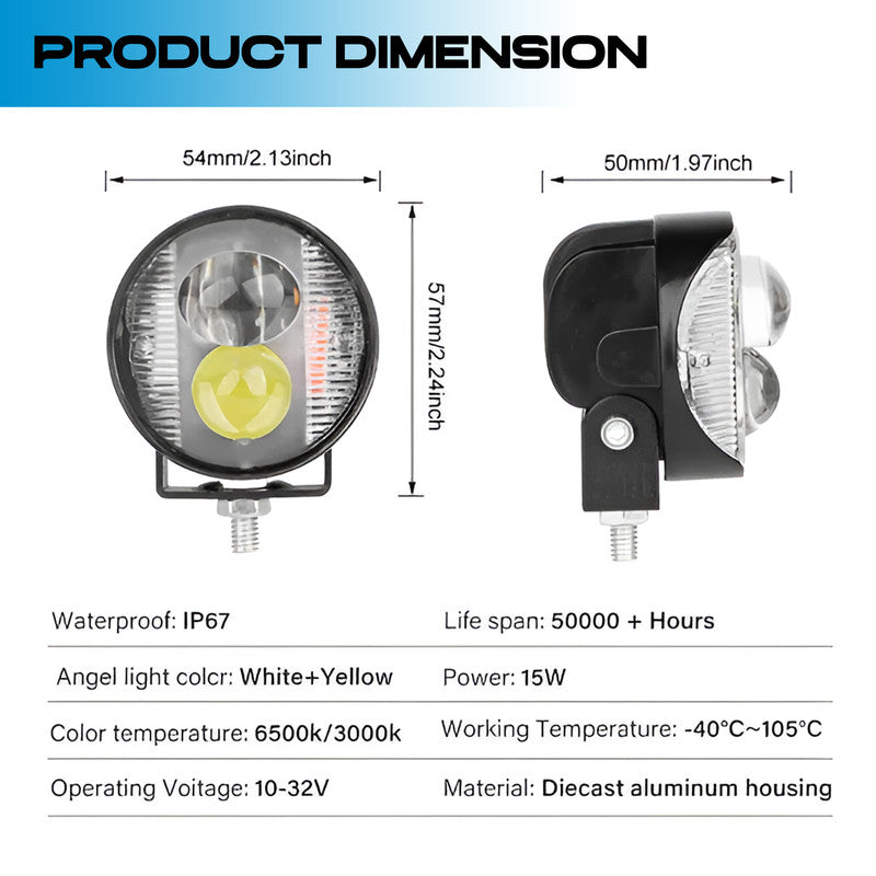 Mini Motorcycle LED Fog Light 30W Dual Flash, Multi-Color Yellow/White/Red/Blue Spotlight, Red & Blue Warning Strobe, Compact Auxiliary Driving Light (MGF1)
