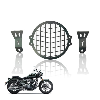 Front Headlight Grill Guard for RE Super Meteor 650 | Durable Metal Protective Head Light Frame Protector-Check Design MS - Moto Genius