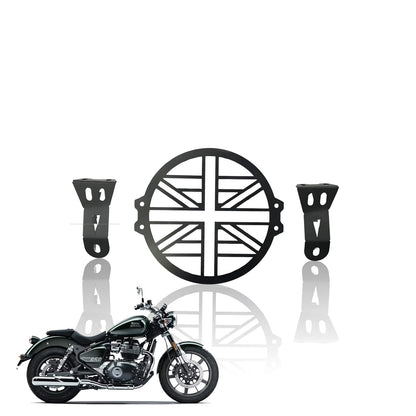 Front Headlight Grill Guard for RE Super Meteor 650 | Durable Metal Protective Head Light Frame Protector (Plus Design)-Black - Moto Genius