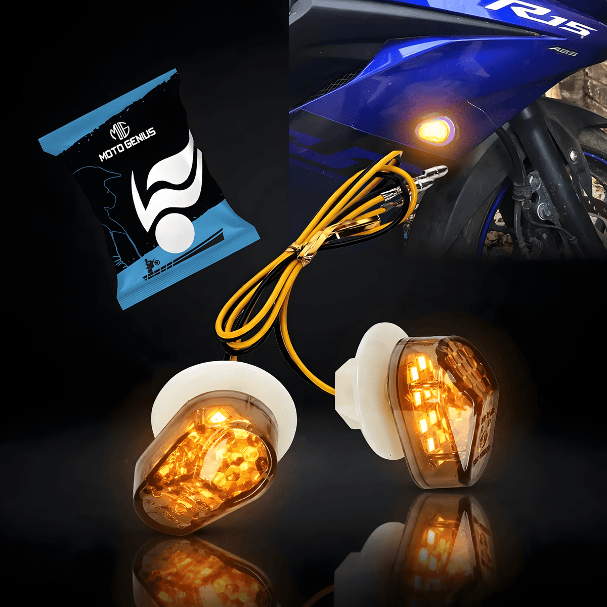 Front Honeycomb Flush Mount LED Turn Signal Indicators for Motorcycle – Waterproof Amber Lights for Yamaha R15 V2/V3/V4, R1, R6, Honda CBR, Kawasaki Ninja, Suzuki GSX-R (Pack of 2) - Moto Genius