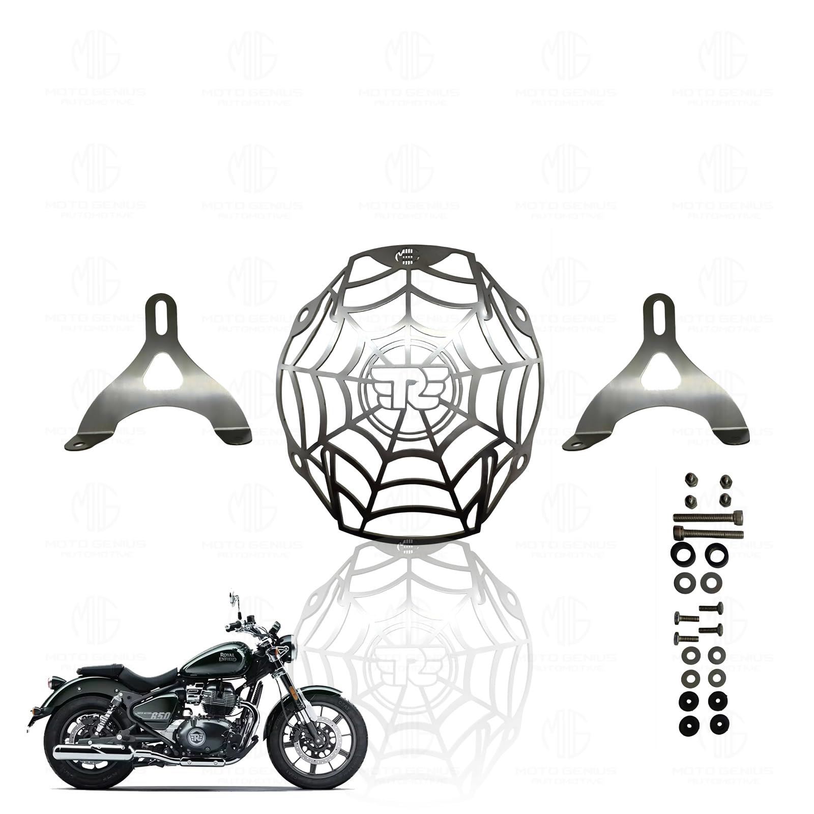 Headlight Grill Guard for RE Super Meteor 650 | Durable Stainless Steel Protective Cover for Motorcycle Lights-Spider Design SS - Moto Genius