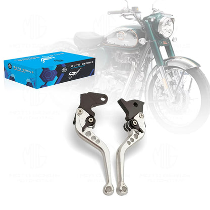Heavy Duty 6-Position Adjustable Clutch and Brake Lever Set for RE Bullet 350 ( old bs3 & bs4 models only )| CNC Aluminum | Motorbike Hand Levers | Easy Install-Silver - Moto Genius