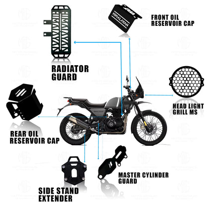Himalayan Motorbike Accessories Kit | Metal Radiator Guard, Honey Headlight Grill, Cylinder Guard, Side Stand Extender & Oil Reservoir Caps for RE Himalayan (Pack of 6) - Moto Genius