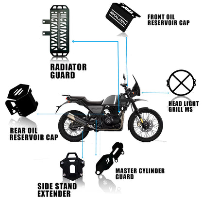 Himalayan Motorbike Accessories Kit | Metal Radiator Guard, X Headlight Grill, Cylinder Guard, Side Stand Extender & Oil Reservoir Caps for RE Himalayan (Pack of 6) - Moto Genius
