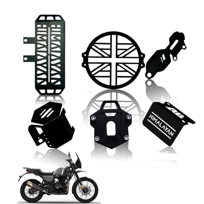 Himalayan Motorbike Accessories Kit | Metal Radiator Guard, X Headlight Grill, Cylinder Guard, Side Stand Extender & Oil Reservoir Caps for RE Himalayan (Pack of 6) - Moto Genius