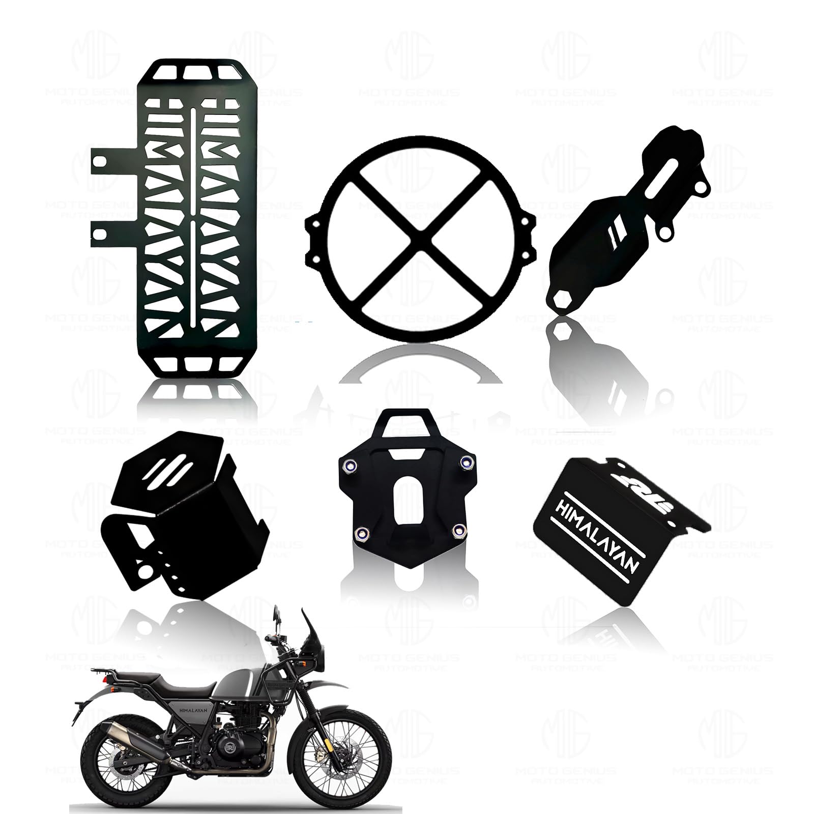 Himalayan Motorbike Accessories Kit | Metal Radiator Guard, X Headlight Grill, Cylinder Guard, Side Stand Extender & Oil Reservoir Caps for RE Himalayan (Pack of 6) - Moto Genius