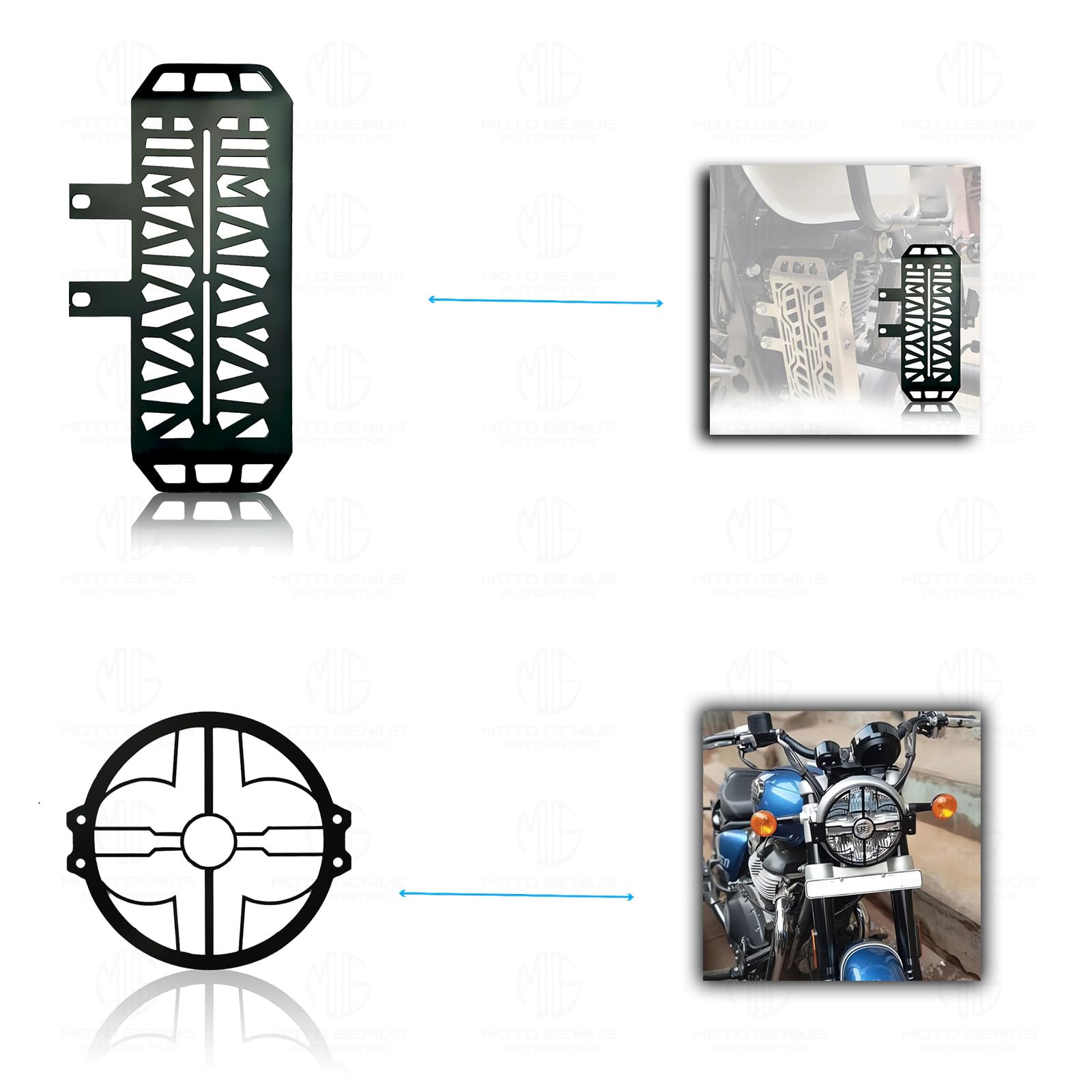 Himalayan Motorbike Accessories Kit | Metal Radiator Guard, X Headlight Grill, Cylinder Guard, Side Stand Extender & Oil Reservoir Caps for RE Himalayan (Pack of 6) - Moto Genius