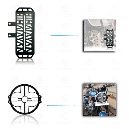 Himalayan Motorbike Accessories Kit | Metal Radiator Guard, X Headlight Grill, Cylinder Guard, Side Stand Extender & Oil Reservoir Caps for RE Himalayan (Pack of 6) - Moto Genius