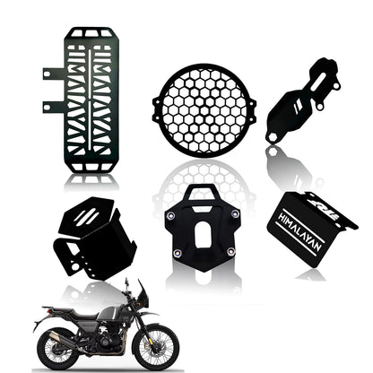 Himalayan Motorbike Accessories Kit | Metal Radiator Guard, X Headlight Grill, Cylinder Guard, Side Stand Extender & Oil Reservoir Caps for RE Himalayan (Pack of 6) - Moto Genius