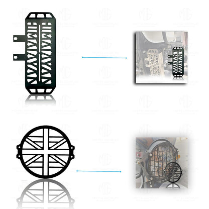 Himalayan Motorbike Accessories Kit | Metal Radiator Guard, X Headlight Grill, Cylinder Guard, Side Stand Extender & Oil Reservoir Caps for RE Himalayan (Pack of 6) - Moto Genius