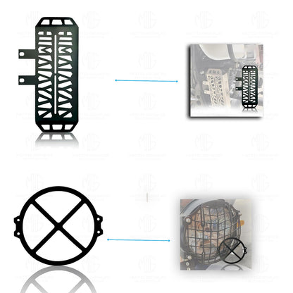 Himalayan Motorbike Accessories Kit | Metal Radiator Guard, X Headlight Grill, Cylinder Guard, Side Stand Extender & Oil Reservoir Caps for RE Himalayan (Pack of 6) - Moto Genius