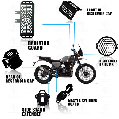Metal Accessories Kit for RE Himalayan Motorbike | Radiator Guard, Honey Shape Headlight Grill, Cylinder Guard, Side Stand Extender & Oil Reservoir Caps for RE Himalayan (Pack of 6) - Moto Genius