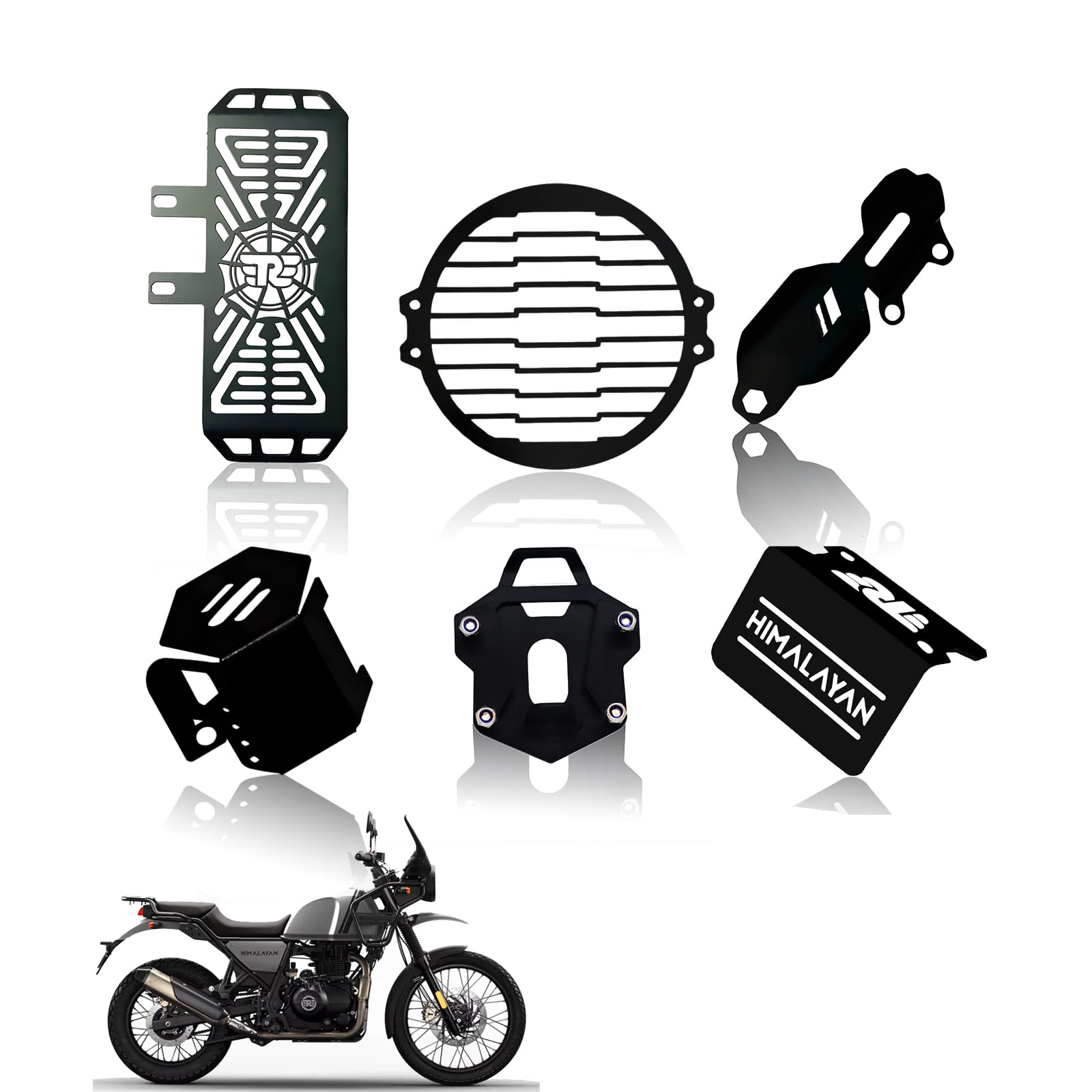 Metal Accessories Kit for RE Himalayan Motorbike | Radiator Guard, Line Shape Headlight Grill, Cylinder Guard, Side Stand Extender & Oil Reservoir Caps for RE Himalayan (Pack of 6) - Moto Genius