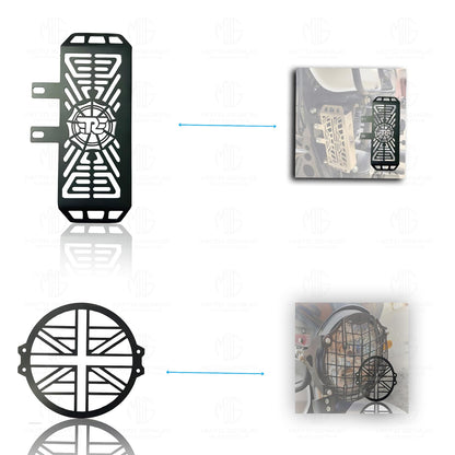 Metal Accessories Kit for RE Himalayan Motorbike | Radiator Guard, Plus Shape Headlight Grill, Cylinder Guard, Side Stand Extender & Oil Reservoir Caps for RE Himalayan (Pack of 6) - Moto Genius