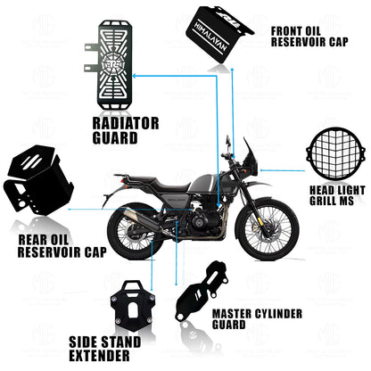 Metal Accessories Kit for RE Himalayan Motorbike | Radiator Guard, Straight Headlight Grill, Cylinder Guard, Side Stand Extender & Oil Reservoir Caps for RE Himalayan (Pack of 6) - Moto Genius