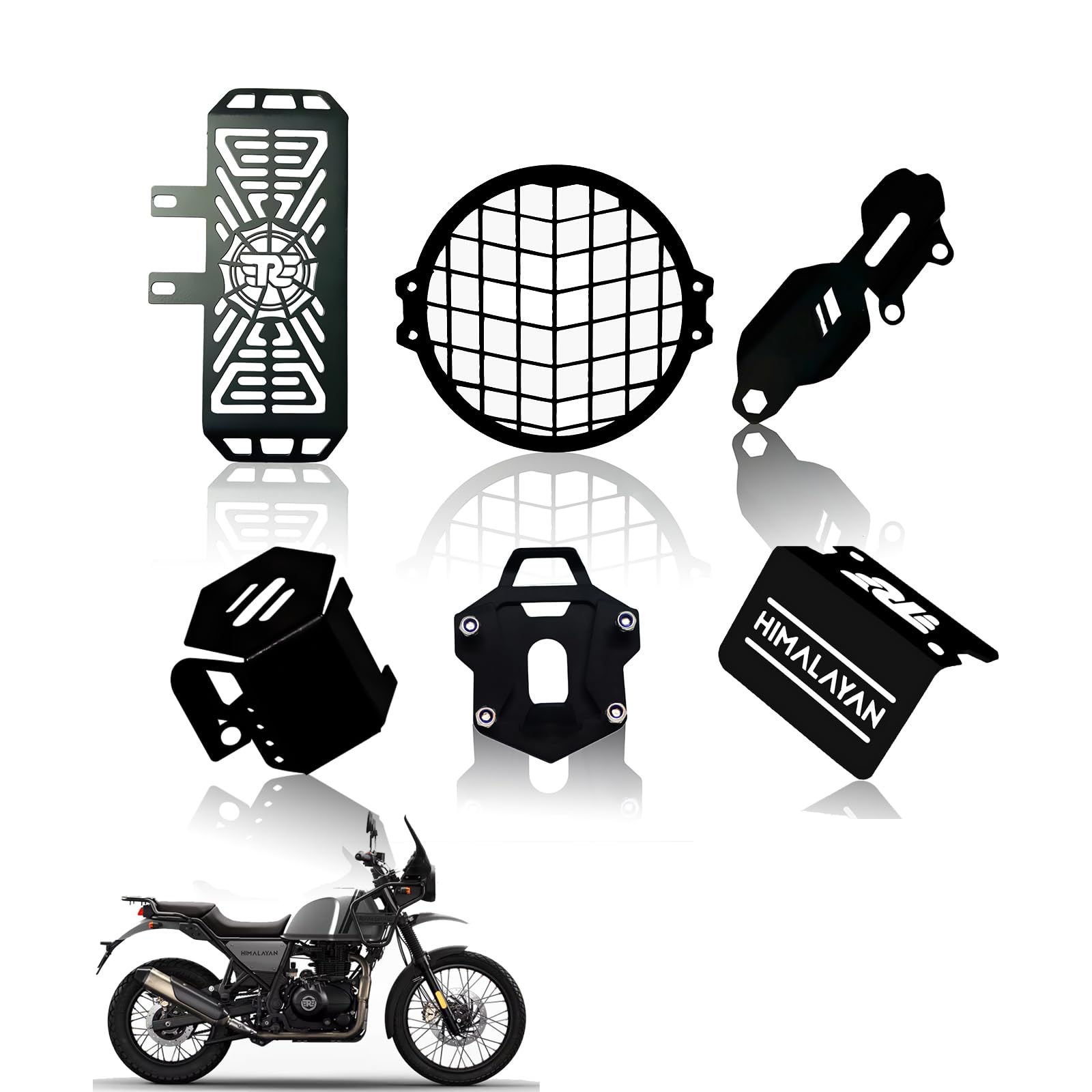Metal Accessories Kit for RE Himalayan Motorbike | Radiator Guard, Straight Headlight Grill, Cylinder Guard, Side Stand Extender & Oil Reservoir Caps for RE Himalayan (Pack of 6) - Moto Genius