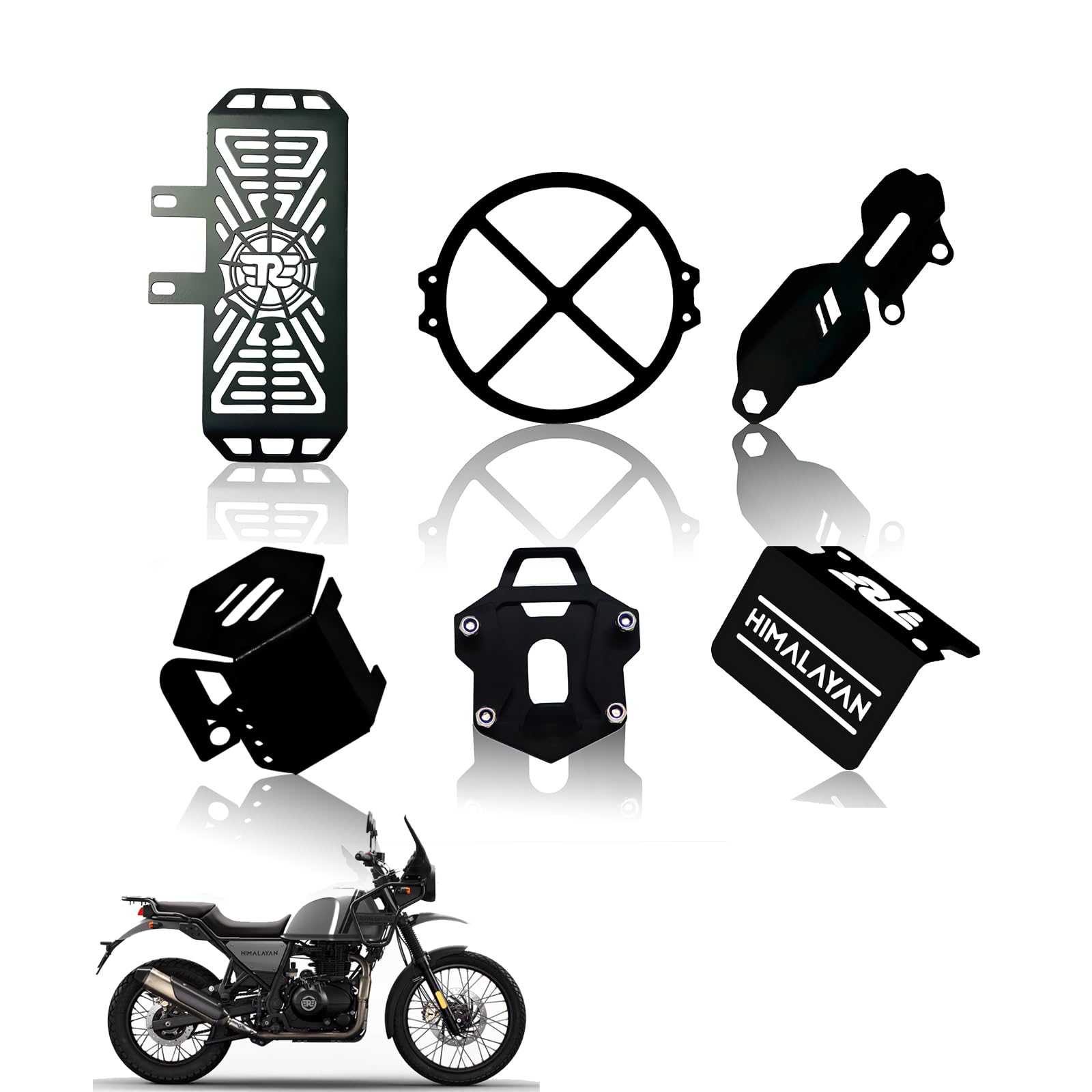 Metal Accessories Kit for RE Himalayan Motorbike | Radiator Guard, X Shape Headlight Grill, Cylinder Guard, Side Stand Extender & Oil Reservoir Caps for RE Himalayan (Pack of 6) - Moto Genius