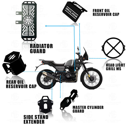 Metal Accessories Kit for RE Himalayan Motorbike | Radiator Guard, X Shape Headlight Grill, Cylinder Guard, Side Stand Extender & Oil Reservoir Caps for RE Himalayan (Pack of 6) - Moto Genius