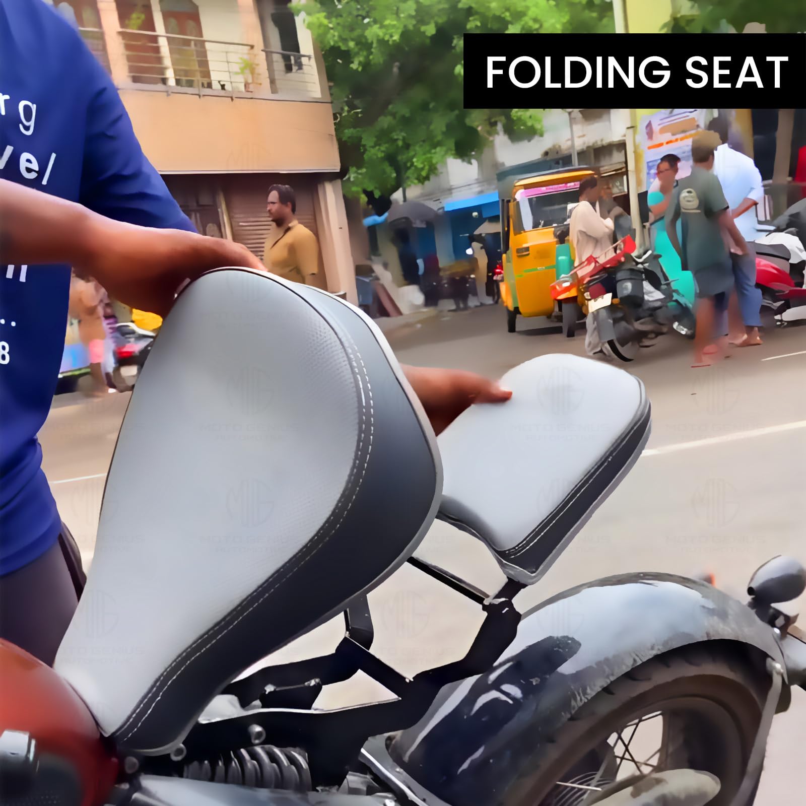 Metal Foldable Dual Seat with Footrest for Jawa 42 Bobber | Durable Metal Frame | Comfortable Rider and Passenger Seat | Premium Leather Upholstery | Custom Design-Grey - Moto Genius