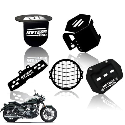 Meteor 650 Motorbike Accessories Kit | Metal Check Shape Headlight Grill, Cylinder Guard, Side Stand Extender & Oil Reservoir Caps for RE Meteor 650 | Heavy-Duty Metal | Pack of 5 - Moto Genius