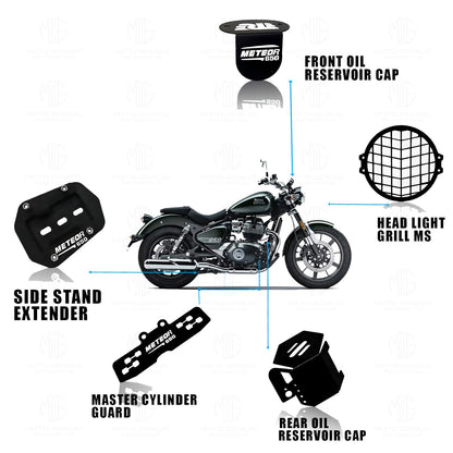Meteor 650 Motorbike Accessories Kit | Metal Check Shape Headlight Grill, Cylinder Guard, Side Stand Extender & Oil Reservoir Caps for RE Meteor 650 | Heavy-Duty Metal | Pack of 5 - Moto Genius