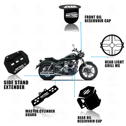 Meteor 650 Motorbike Accessories Kit | Metal Flower Shape Headlight Grill, Cylinder Guard, Side Stand Extender & Oil Reservoir Caps for RE Meteor 650 | Heavy-Duty Metal | Pack of 5 - Moto Genius