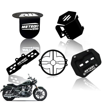 Meteor 650 Motorbike Accessories Kit | Metal Flower Shape Headlight Grill, Cylinder Guard, Side Stand Extender & Oil Reservoir Caps for RE Meteor 650 | Heavy-Duty Metal | Pack of 5 - Moto Genius