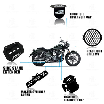 Meteor 650 Motorbike Accessories Kit | Metal Honey Shape Headlight Grill, Cylinder Guard, Side Stand Extender & Oil Reservoir Caps for RE Meteor 650 | Heavy-Duty Metal | Pack of 5 - Moto Genius