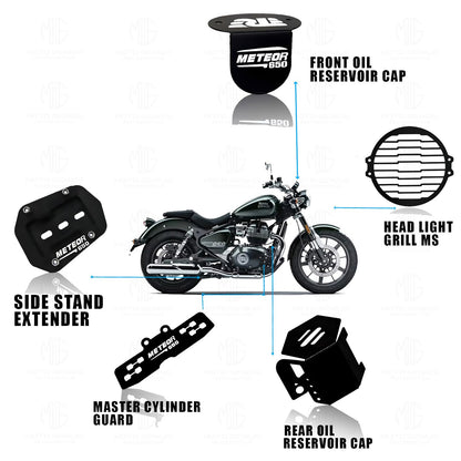 Meteor 650 Motorbike Accessories Kit | Metal Line Shape Headlight Grill, Cylinder Guard, Side Stand Extender & Oil Reservoir Caps for RE Meteor 650 | Heavy-Duty Metal | Pack of 5 - Moto Genius
