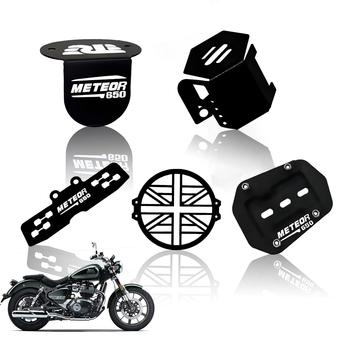 Meteor 650 Motorbike Accessories Kit | Metal Plus Shape Headlight Grill, Cylinder Guard, Side Stand Extender & Oil Reservoir Caps for RE Meteor 650 | Heavy-Duty Metal | Pack of 5 - Moto Genius