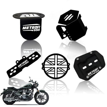 Meteor 650 Motorbike Accessories Kit | Metal Plus Shape Headlight Grill, Cylinder Guard, Side Stand Extender & Oil Reservoir Caps for RE Meteor 650 | Heavy-Duty Metal | Pack of 5 - Moto Genius
