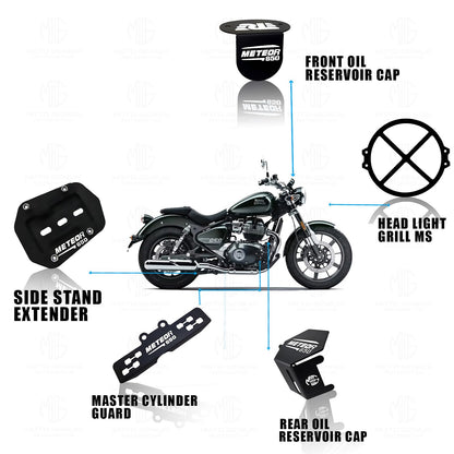 Meteor 650 Motorbike Accessories Kit | Metal X Shape Headlight Grill, Cylinder Guard, Side Stand Extender & Oil Reservoir Caps for RE Meteor 650 | Heavy-Duty Metal | Pack of 5 - Moto Genius