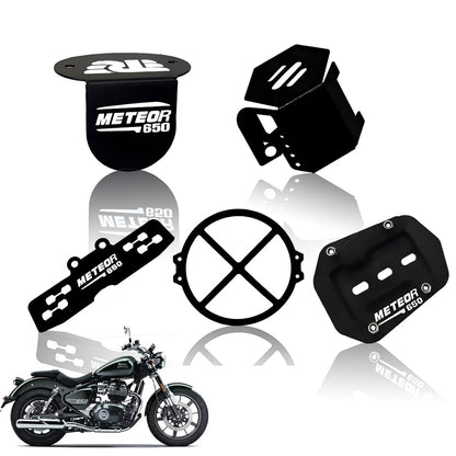 Meteor 650 Motorbike Accessories Kit | Metal X Shape Headlight Grill, Cylinder Guard, Side Stand Extender & Oil Reservoir Caps for RE Meteor 650 | Heavy-Duty Metal | Pack of 5 - Moto Genius