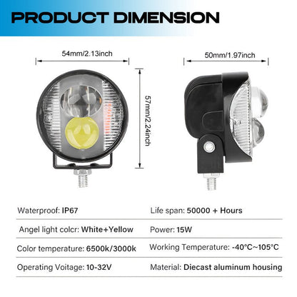 Mini Motorcycle LED Fog Light 30W Dual Flash, Multi-Color Yellow/White/Red/Blue Spotlight, Red & Blue Warning Strobe, Compact Auxiliary Driving Light (MGF1) - Moto Genius