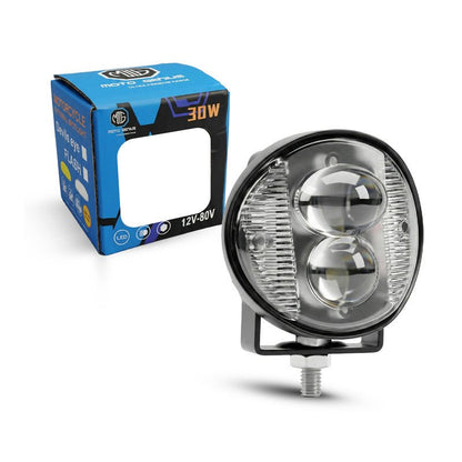 Mini Motorcycle LED Fog Light 30W Dual Flash, Multi-Color Yellow/White/Red/Blue Spotlight, Red & Blue Warning Strobe, Compact Auxiliary Driving Light (MGF1) - Moto Genius